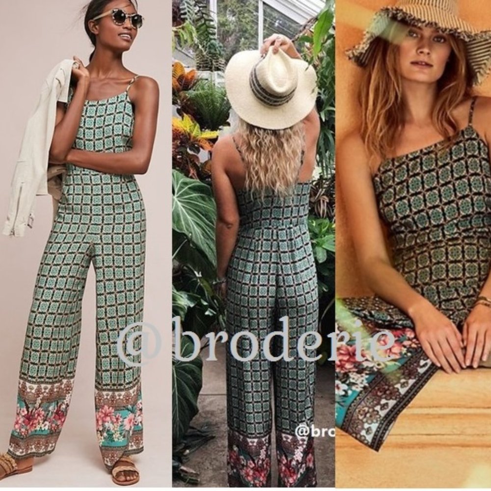 Anthropologie Green Patterned Wide-Leg Jumpsuit with Floral Hem